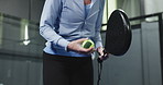 Padel, hands and woman bounce ball on court for serving, sports training and match practice. Fitness, tennis player and racket at health club for game preparation, tournament workout or start playing