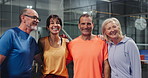Face, padel tennis and people with smile, support and bonding together with workout. Training, friends and mature group with happiness, funny and practice with wellness, healthy and exercise