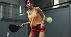 Padel court, ball and woman exercise for competition training, workout and practice for game. Tennis, racket and mature player swing for sports match, fitness or tournament challenge with energy