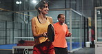 Padel court, team and people in game for competition training, workout or energy. Tennis doubles, racket and mature players with ball for sports match, fitness or tournament challenge with partner