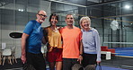 Face, padel tennis and people with support, funny and bonding together with training. Laughing, friends and mature group with happiness, break and practice with wellness, healthy and exercise
