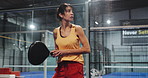 Padel court, game and woman in competition for training, match and practice for exercise. Tennis, racket and mature player swing with ball for sports, fitness or tournament challenge with energy