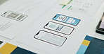 Wireframes, phone and illustration with documents for software development, UI or UX in office. Paperwork, graphic or mobile smartphone draft for web design, interface or app production in workplace