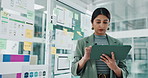 Tablet, business woman and research in office for UI development, app layout and planning. UX designer, technology and software for interface design, review project and user flow for experience