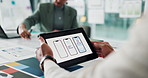 Business, person and tablet in meeting in office with ux design, ui layout and interface planning. People, explain and digital screen with wireframe for user experience, review template and feedback 