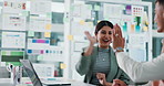 Business people, web designer and team with high five on laptop for UI development or success. Happy man, woman or colleagues with smile on computer for online UX achievement or digital planning