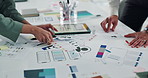 Hands, business and people with tablet in meeting for ux design, ui layout and interface planning. Women, document and digital screen with wireframe of user experience, app template and display ideas