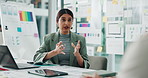 Meeting, business and woman explain office for design planning, UI and UX development. People, discussion and brainstorming with laptop for software update, marketing ideas and feedback on project