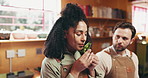 Cooking, kitchen and couple smell herbs with fresh ingredients for culinary skills, cuisine and recipe. Lesson, dinner tutorial and man with woman with vegetables, organic produce and food for meal