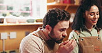 Cooking class, kitchen and couple smell herbs with fresh ingredients for culinary skills, cuisine and recipe. Lesson, tutorial and man with woman with vegetables, organic produce and food for meal