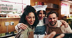 Selfie, chef and group in kitchen, hug or bonding with mentor, profile picture and memory on website. Photography, friends and excited for post, hospitality and people with peace sign in restaurant