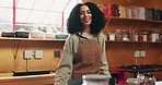 Face, chef and woman in kitchen, smile and confidence with culinary skills, pride and apron. House, gourmet cuisine and professional with food, utensils or ingredients with recipe and humor in Brazil