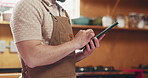 Tablet, hands and chef in kitchen with research for meal recipe in restaurant with culinary information. Digital technology, reading and male industry worker with app for food prep tutorial in diner.