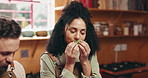 Smelling, ingredient and woman in kitchen, chef and mentor with advice for meal, nutrition and dish. Culinary, help and talking with people, sniffing and smile for aroma of basil, learning or skills