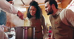 Couple, chef and cooking class with ingredients, teaching and learning with pasta meal. Food, man and women with herbs, smell and talking with relationship, growth and gourmet cuisine with feedback