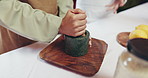 Seasoning, grinder and hands of person cooking in kitchen with flavor, condiments or dinner. Nutrition, culinary worker and chef with spices for food with preparing meal, lunch or supper in diner.