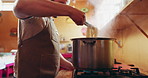 Man, chef or hands with pot for cooking spaghetti, stew or cuisine on stove in kitchen. Male person, culinary artist or heat with steam or noodles for meal, hospitality skill or food catering service