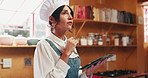 Chef, tablet and woman in kitchen, thinking and research for ingredients, food blogger and ideas. Mature person, tech and decision with healthy meal, cooking or digital app for recipe, home or choice