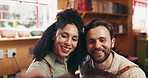 Cooking, selfie and couple in kitchen, funny and bonding together with memory, love and ingredients. Home, man and woman with photography, laughing and profile picture with humor, smile and baking