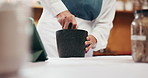 Spices, grinder and hands of person cooking in kitchen with flavor, condiments or dinner. Nutrition, culinary worker and chef with seasoning for food with preparing meal, lunch or supper in diner.
