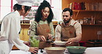 Cooking class, pasta and chef with couple in kitchen in restaurant for romantic date together. Lesson, teaching and people with culinary worker for meal prep with ingredients at hospitality diner.