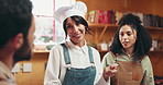 Cooking class, talking and couple with chef in kitchen for culinary skills, gourmet recipe and learning. Lesson, guide and woman with man with ingredients, food and cuisine for dinner or meal prep