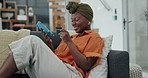 Online shopping, credit card and black woman on sofa, smartphone payment and mobile app money, ecommerce and fast food delivery to house. Happy customer, cellphone fintech or digital internet banking