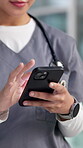 Typing, phone and hands with nurse in hospital for healthcare report, contact and symptoms research. Medical app, telehealth website and communication with person for doctor advice and results
