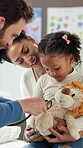Teddy bear, stethoscope and doctor with child in hospital for asthma checkup, consulting and medical advice. Breathing assessment, healthcare exam and toy game with mother and kid with pediatrician
