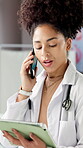 Doctor, phone call and woman with tablet, hospital and talking with contact for medical appointment. Healthcare, specialist and person with mobile for communication, schedule and telehealth in clinic