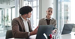 Finance, talking and business people on laptop in office for company review, revenue and budget report. Team, corporate and man with woman on computer for financial proposal, planning and graph