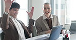 Laptop, meeting and business people with success in office for finance bonus, investment and stock market growth. Team, corporate and man with woman on computer for financial news, funding and bonus