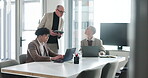 Talking, group and planning with laptop, office or brainstorming for proposal, research and meeting. Corporate, bookkeeper and collaboration for investment opportunity, people and tech for strategy