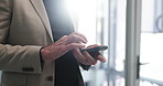 Office, hands and business woman with phone for social networking, online contact and communication. Professional, corporate and person on smartphone for message, research and website in morning