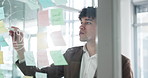 Businessman, writing and mindmap with sticky note for schedule planning, tasks or agenda in office. Creative, man or employee with glass board or reflection for brainstorming, ideas or project KPI