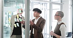 Business, people and glass wall with meeting in office for story ideas, editor guidance or flare. Teamwork, journalists and sticky notes for news headline, writing advice and brainstorming newsletter