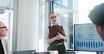 Business, presentation and woman in meeting, financial agency and charts for company revenue. People, teamwork and speaker in office, conversation or stats for economy, investment proposal or trading