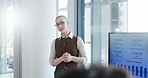 Business, presentation and woman in office, financial agency and charts for company revenue. Feedback, teamwork and speaker in meeting, graphs or stats for economy, investment proposal or trading