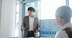 Business, presentation and man in meeting, financial agency or graphs for company revenue. People, feedback or speaker in office, profit growth or charts for investment proposal, planning or question