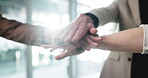 Hands, team building and motivation in office for unity, solidarity and collaboration for company goal. People, employees and huddle in workplace for synergy, cooperation and business development.