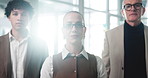 Flare, portrait or team with arms crossed in office, confident employees or finance department. Investment advisor, pride or people with glasses in workplace for career development, trust or about us