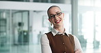 Face of woman, hr and arms crossed in glass office, friendly and confident in company vision. Employee relations, trust and consultant with glasses in workplace, happy and pride in corporate career.