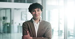 Face of man, hr and arms crossed in glass office, friendly and confident in company vision. Employee relations, trust and consultant with glasses in workplace, happy and pride in corporate career.