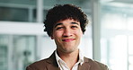 Happy man, face and designer with confidence in office for company improvement or development. Portrait, male person or creative employee with smile for job opportunity, career or design in workplace
