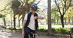 Bicycle courier, man and check watch at park for package schedule, time management and logistics. Delivery service, worker and timer on eco friendly transport for parcel deadline and route efficiency