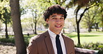 Face, smile and business man at park as environmental lawyer, legal representative and funny worker. Portrait, confidence and happy professional outdoor, about us and eco friendly attorney laughing