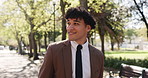Business, man and walking in park with smile, reflection and opportunity for career development. Thinking, male employee and happy person outdoor with journey, travel and morning commute to new job.