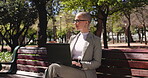 Thinking, employee and woman with laptop, park or legal research on web, lawyer and plan for justice. Attorney, reflection and person with tech for case preparation, outdoor and online for lawsuit