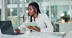Business, tablet and black woman with laptop in office for financial review, chart or stats at night. Technology, deadline and analyst reading email for data comparison, investment or problem solving
