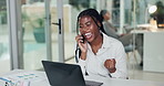 Woman, phone call and celebration in office for finance, fist pump and success at investment company. African person, trading or broker with smartphone, laptop and achievement with profit at agency